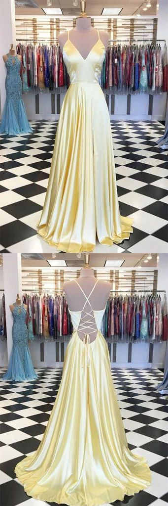 Simple yellow satin long prom dress, yellow evening dress, yellow formal dress cg2223