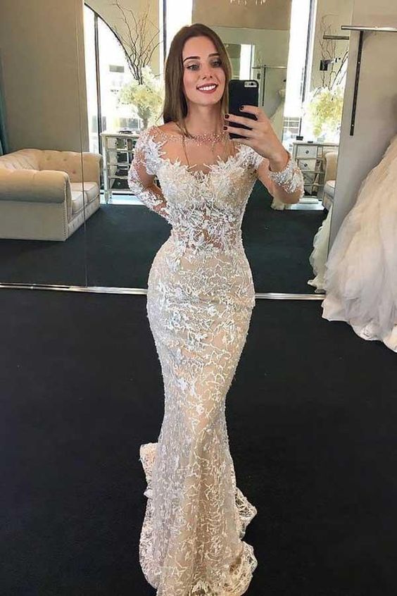 Gorgeous Mermaid Round Neck Long Sleeves Lace Wedding Prom Dresses    cg22238