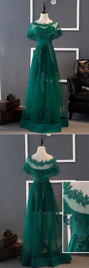 green party dress Short Sleeve evening dress tulle applique long prom dress cg2227