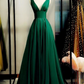 Green Satin V-Neckline Low Back Floor Length Prom Dress Evening Dress, Green Party Dress Formal Dress   cg22276