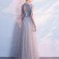 Light Grey Tulle Long Lace Applique Flowers Wedding Party Dresses, A-Line Tulle Evening Dress Prom Dress   cg22376