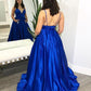 V Neck Royal Blue Satin Long Prom Dresses with Pocket, Royal Blue Formal Evening Dresses   cg22414