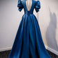 Blue v neck satin long prom dress blue satin evening dress   cg22430