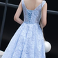 Light Blue Lace Knee Length Round Neckline Party Dress, Charming Blue homecoming Dress cg2246