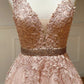 Pink v neck lace long A line prom dress evening dress    cg22460