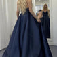 Blue satin long A line prom dress simple evening dress       cg22638