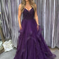PURPLE TULLE LONG A LINE PROM DRESS WITH BEADS      cg22643