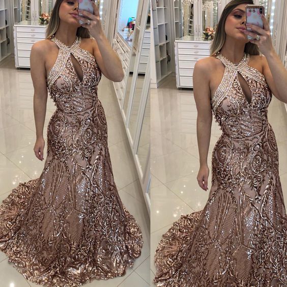 Champagne Prom Dresses, Sequins Prom Dresses, Halter Prom Dresses, Sparkly Prom Dresses      cg22644