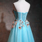 Light Blue Flowers Cute Tulle Knee Length Party Dress, Blue Floral Homecoming Dress    cg22711