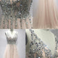 Deep V Neck Long Tulle Peach Prom Dresses With Sequins And Beads cg2273