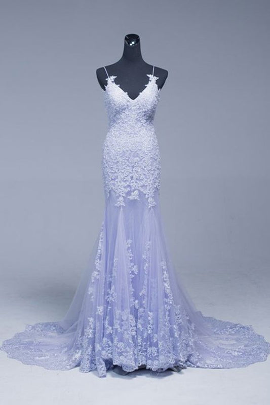 Lavender Lace Appliques Beading Long Mermaid prom dress cg2275