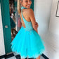 BLUE HIGH NECK TULLE LACE SHORT DRESS BLUE HOMECOMING DRESS    cg22763