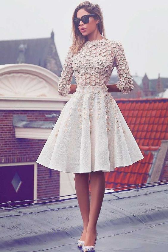 A-Line Bateau 3/4 Sleeves Ivory Satin Knee-Length Homecoming Dress with Appliques cg229