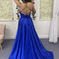 Blue satin long A line prom dress blue evening dress        cg22958