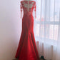 Red Satin Round Neckline Party Dress With Lace Applique, Red Formal Gown Evening Dress Prom Dress       cg22962