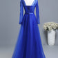 Royal Blue Long Sleeves Tulle With Lace Applique Formal prom Gown       cg22966