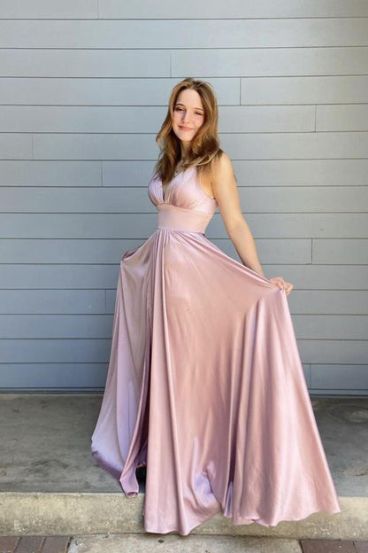 Pink v neck long A line prom dress pink evening dress       cg23132