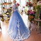 Blue Lace Short Sleeves Long Tulle Sweet 16 Gown, Blue Quinceanera Prom Dresses         cg23263