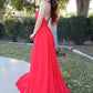 A Line V Neck Backless Red Long Prom Dresses, Open Back Red Formal Graduation Evening Dresses           cg23315