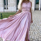 Pink lace long A line prom dress pink evening dress        cg23367