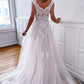 WHITE V NECK TULLE LACE LONG PROM DRESS, WHITE LACE EVENING DRESS            cg23426