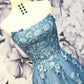 Blue Prom Dresses Long Strapless Evening Party Dresses With Flowers cg2343