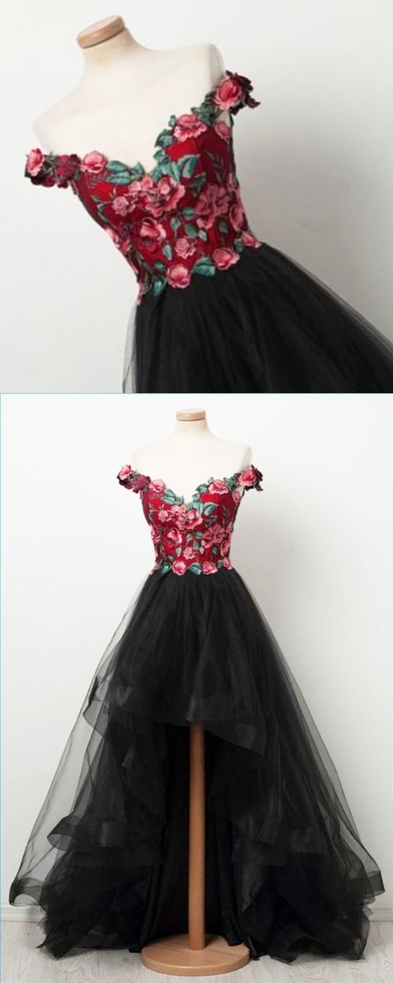 off shoulder evening dress,red embroider high low homecoming dress  cg235