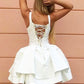 WHITE V NECK SATIN SHORT WHITE HOMECOMING DRESS    cg23505