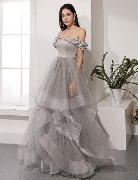 Princess Gray Long Prom Dresses Off The Shoulder Evening Party Dresses cg2351