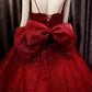 Deep red sparkle beaded thin strap V neck ball gown wedding dress with bow back, sweep train & glitter tulle Prom Dress        cg23574