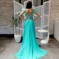 Green round neck chiffon lace long prom dress, lace evening dress    cg23654