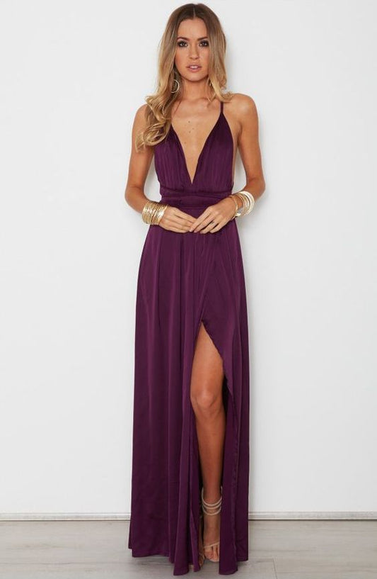 Sexy A-Line V Neck Spaghetti Straps Criss Cross Back Wine Chiffon Long Prom Dresses with Side Split cg2368