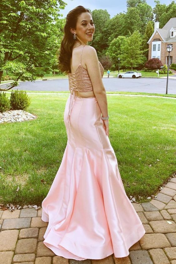 twp piece prom dress combines with spaghetti straps sequins top and mermaid skirt        cg23708