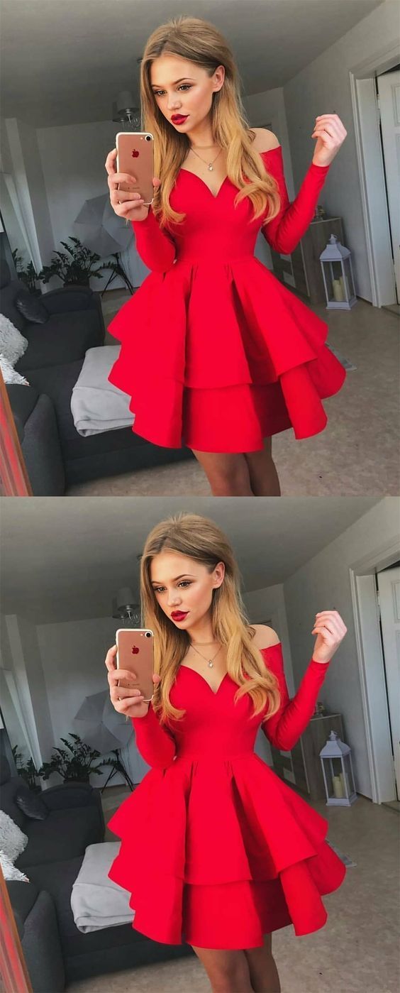 A-Line Crew Neck Long Sleeves Short Red Tiered Homecoming Dress cg240