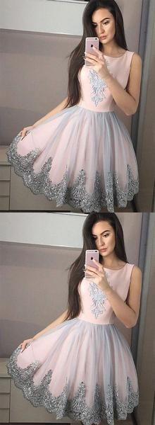 Pink round neck tulle lace short homecoming dress, homecoming dress cg245