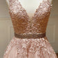 Pink v neck lace long A line prom dress evening dress    cg24811