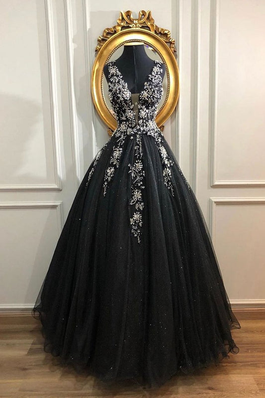 BLACK V NECK TULLE LONG PROM DRESS, BLACK TULLE EVENING DRESS cg2484