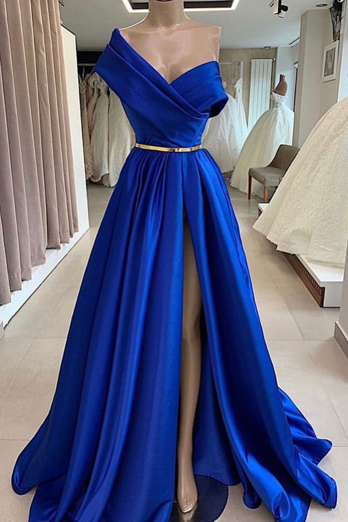 BLUE SATIN LONG PROM DRESS, BLUE LONG EVENING DRESS cg2492