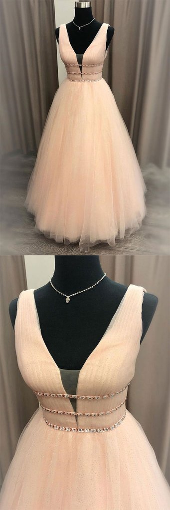 SIMPLE V NECK TULLE LONG PROM DRESS, TULLE FORMAL DRESS cg2496