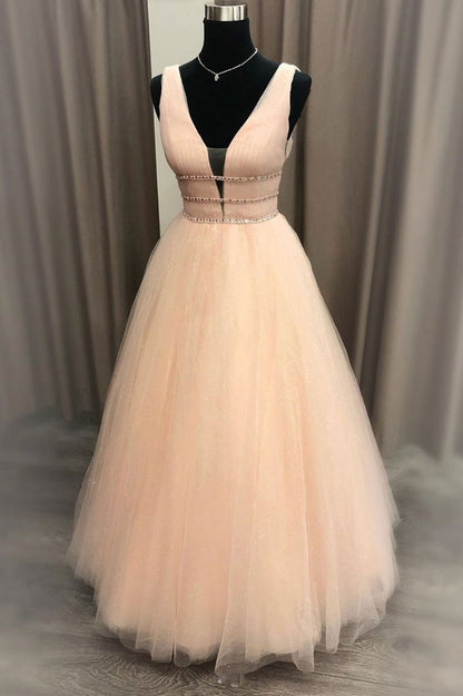 SIMPLE V NECK TULLE LONG PROM DRESS, TULLE FORMAL DRESS cg2496