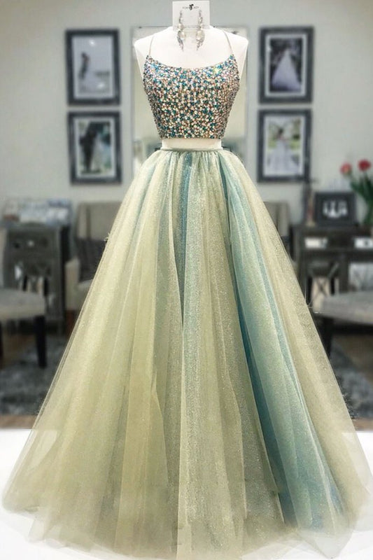 UNIQUE TWO PIECES TULLE BEADS LONG PROM DRESS, TULLE FORMAL DRESS cg2499