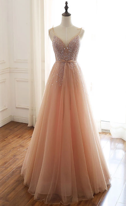 CHAMPAGNE TULLE BEADS SEQUIN LONG PROM DRESS, EVENING DRESS cg2503