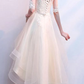 Cute Champagne Lace And Tulle Short Sleeves Party Dress, Homecoming Dress cg2509
