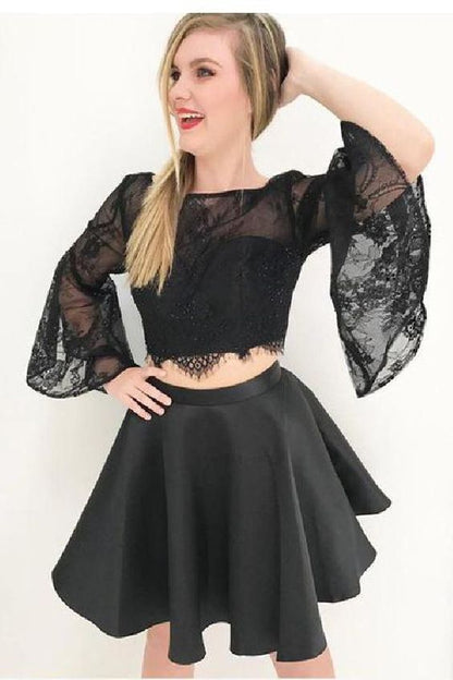 Two piece black short homecoming dresses, 2 piece bell sleeves cg254