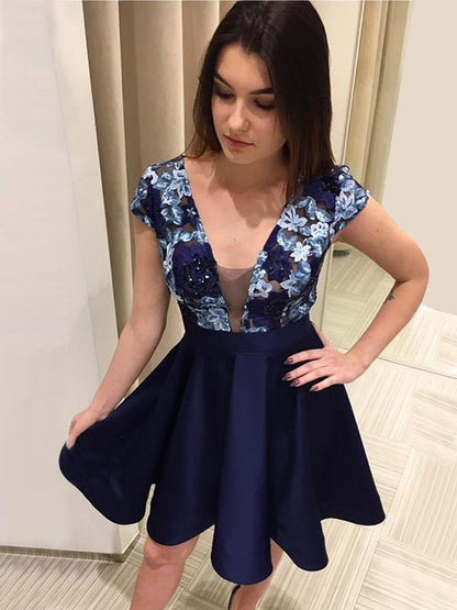 A-Line Deep V-Neck Cap Sleeves Homecoming Dresses With Appliques cg2567