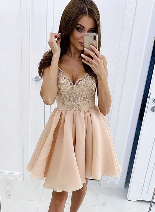 Champagne v neck lace short dress, homecoming dress cg2583