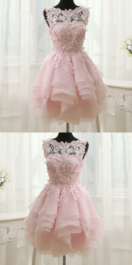 Pink Appliques Organza Tiered Short Homecoming Dress,Simple Homecoming Dresses cg260