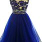 Cute Blue Knee Length Round Neckline Beade Party Dress, Blue Homecoming Dress cg2635