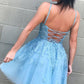 A Line Spaghetti Straps Blush Homecoming Dress With Appliques Beading cg2637