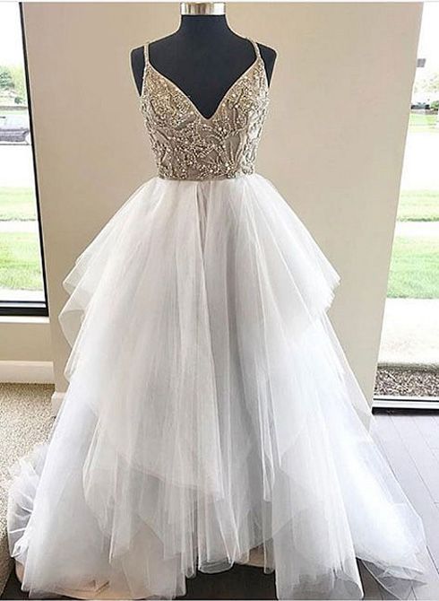 Straps Beaded White Long Prom Dress cg2643